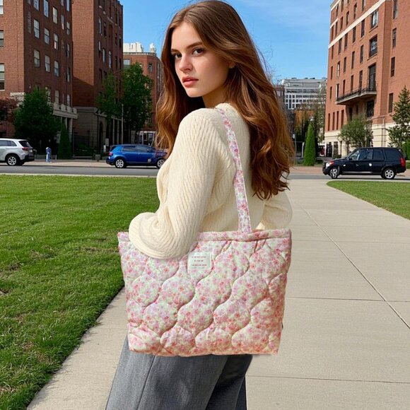 Women Floral Quilted Tote Bag Small Zipper Purse for Work Travel School - Picture 5 of 6